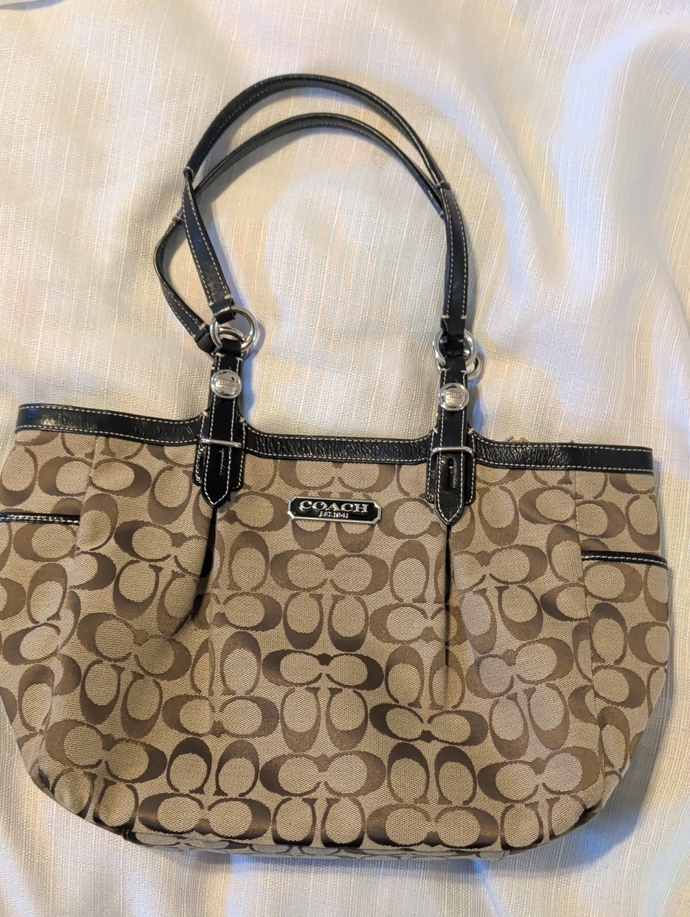 Coach Tan and Brown Signature Canvas Tote with Black Trim